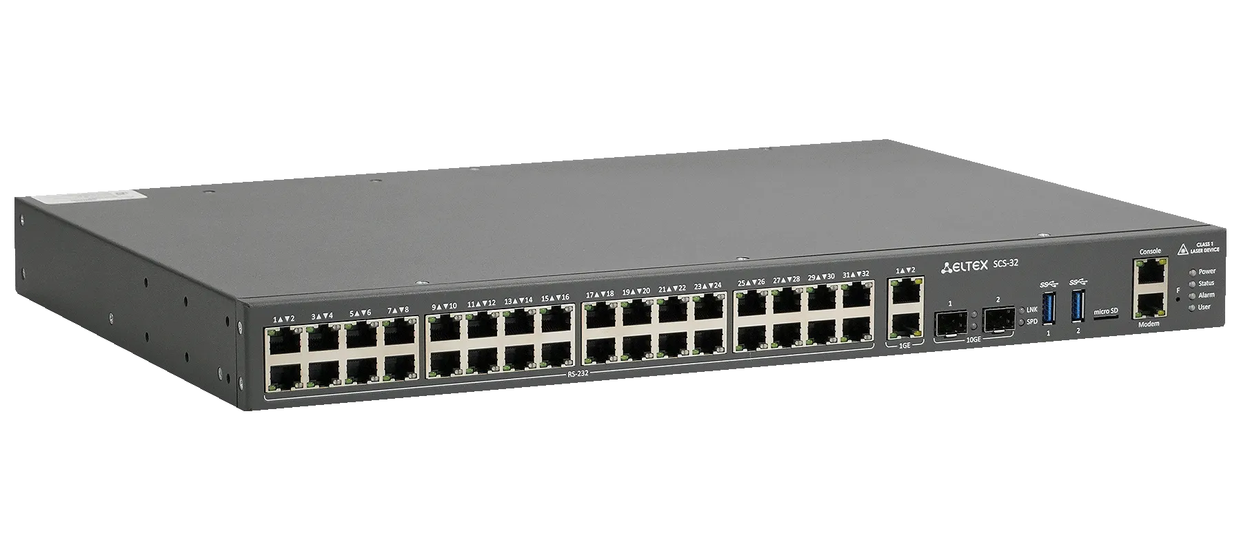 Консольный сервер SCS-32, 32 порта RS-232 (RJ-45), 2 порта 1G RJ-45, 2 порта 10G SFP+, 2 слота для БП
