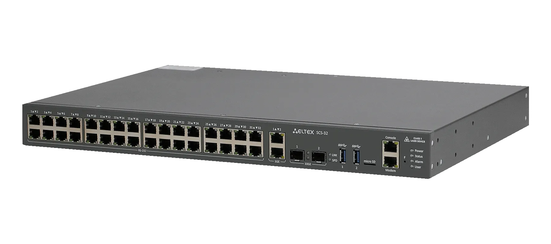 Консольный сервер SCS-32, 32 порта RS-232 (RJ-45), 2 порта 1G RJ-45, 2 порта 10G SFP+, 2 слота для БП