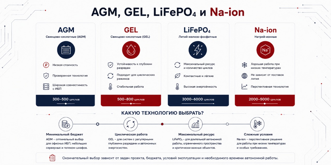 AGM, GEL, LiFePO4 и Na-ion: какую аккумуляторную технологию выбрать для ИБП и объектов связи